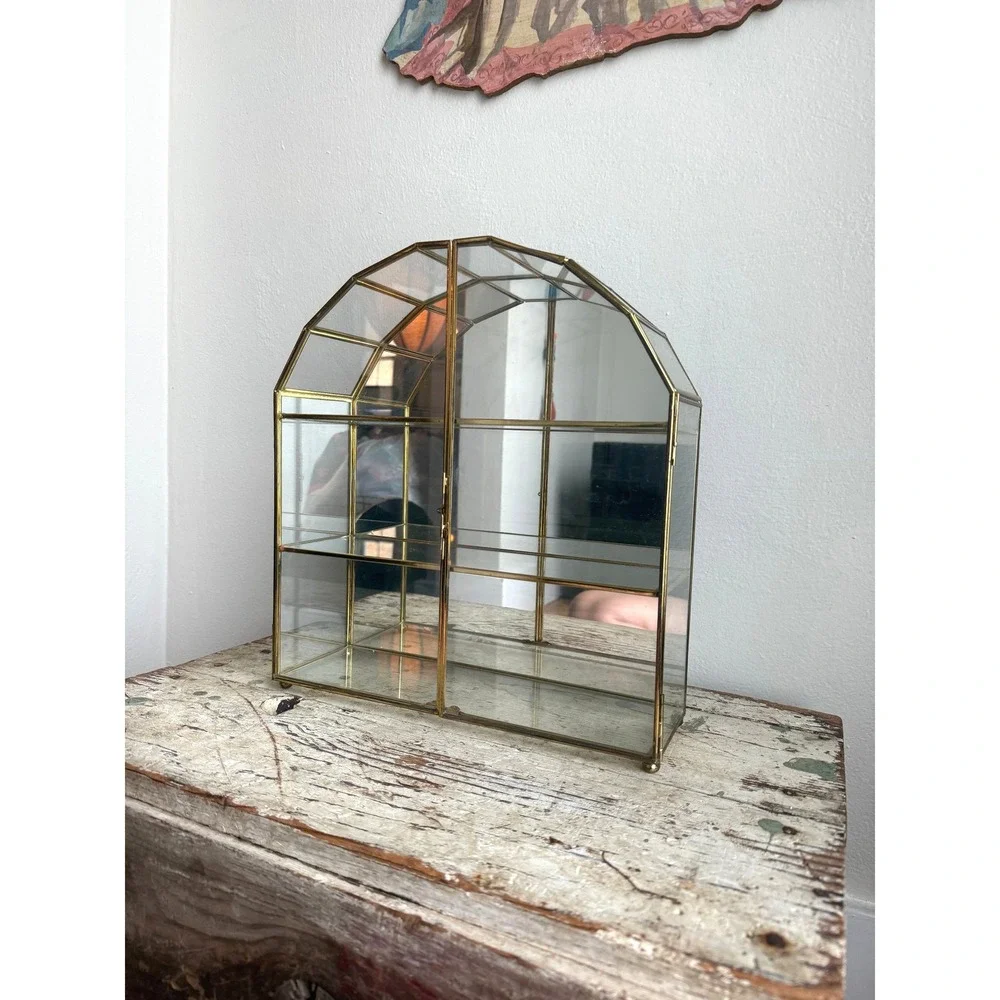 Vintage Franklin Brass Glass Arched Display Case Mirrored Back Curio Cabinet